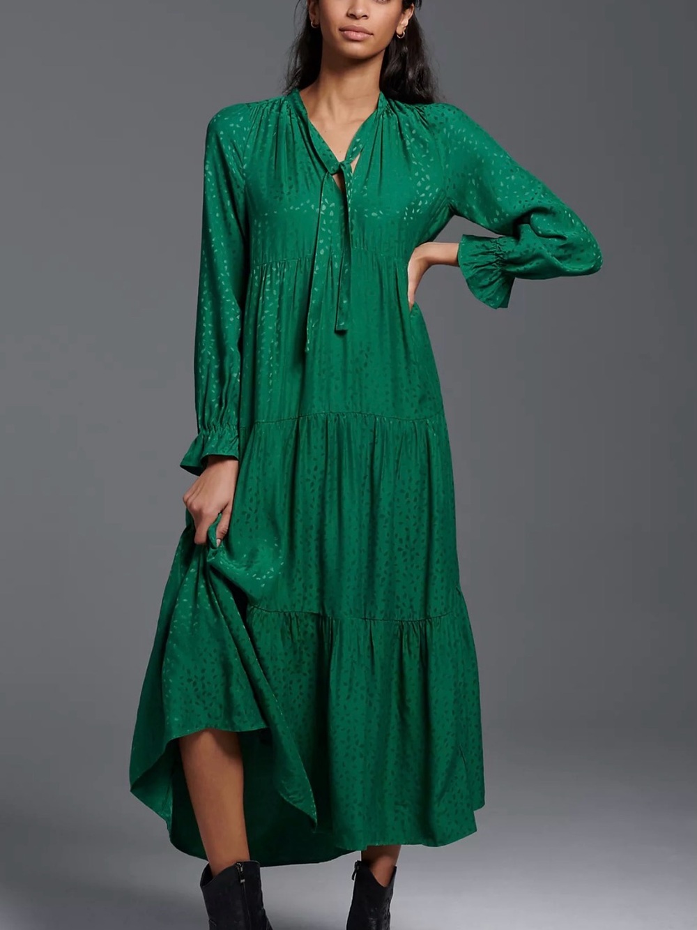 Maeve Emerald Green Tie-Neck Tiered Midi Dress